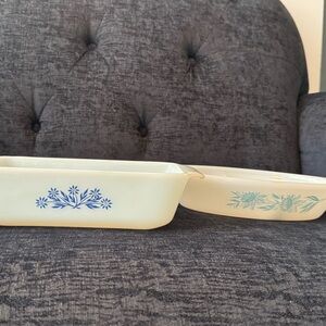 Vintage Milk Glass dishes with blue pattern-set of two